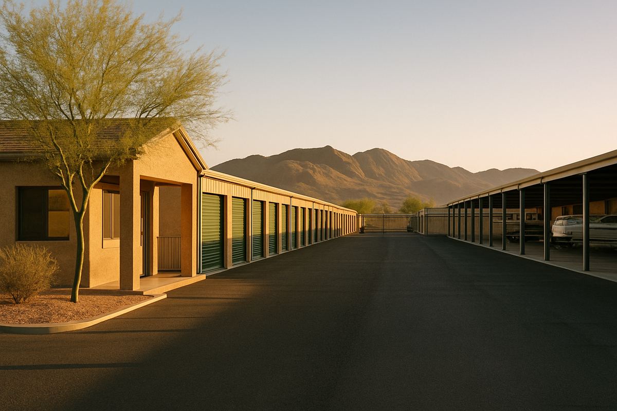 Office and front row of units at a small desert self-storage facility