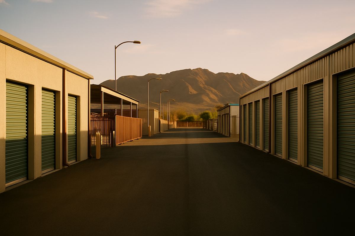 Drive aisle between storage buildings with mountains in the background
