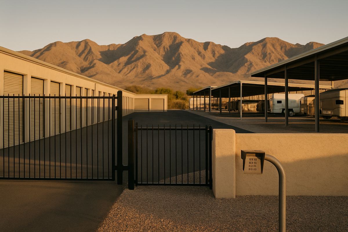 Gated front entrance to a small self-storage facility at golden hour