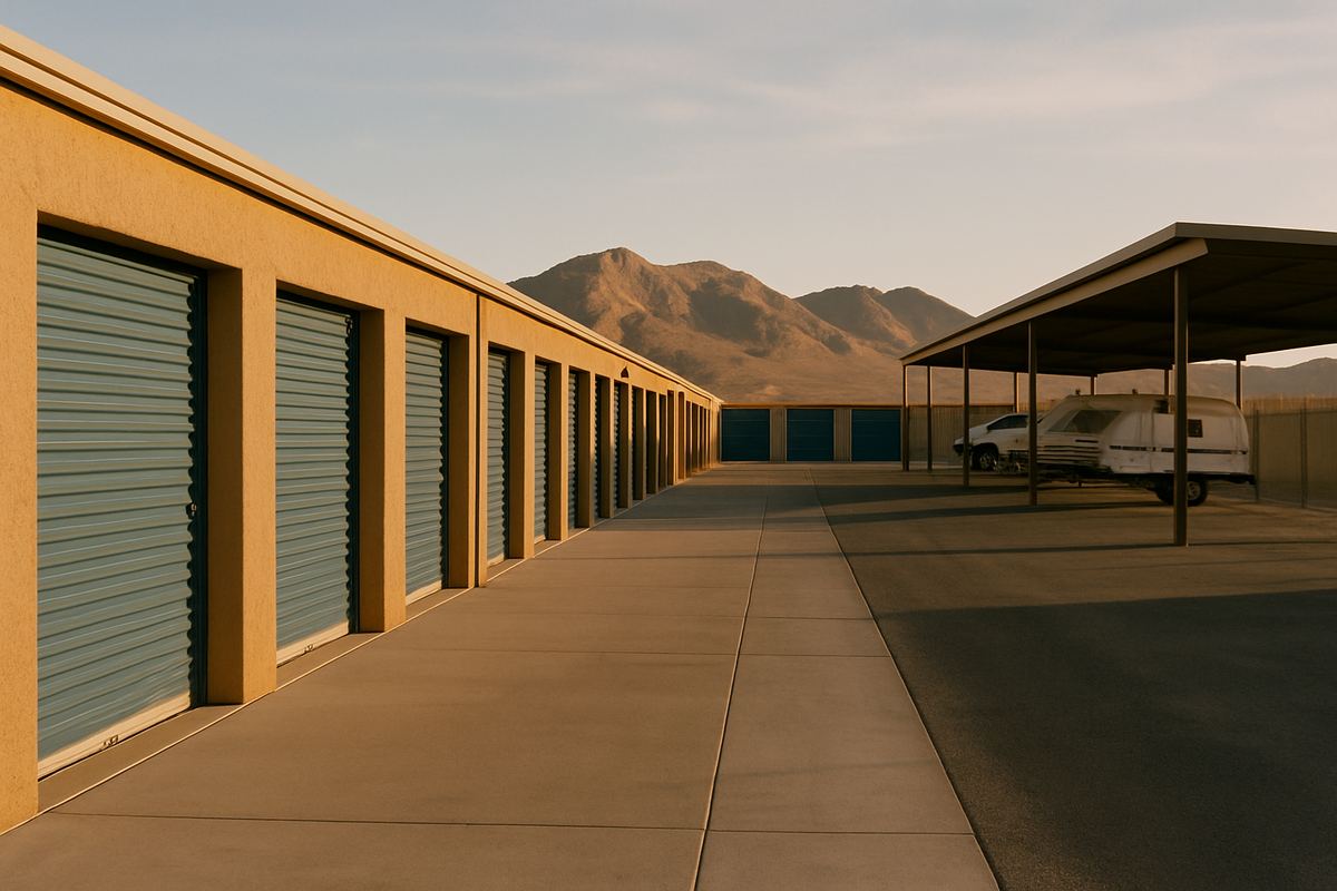 Clean concrete aisle beside blue roll-up storage doors in Nevada