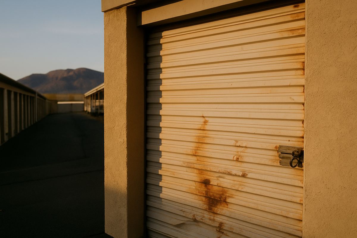 Dented roll-up storage door showing deferred maintenance