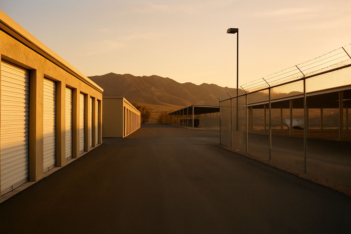 Storage units and perimeter fence at a Nevada facility at sunrise