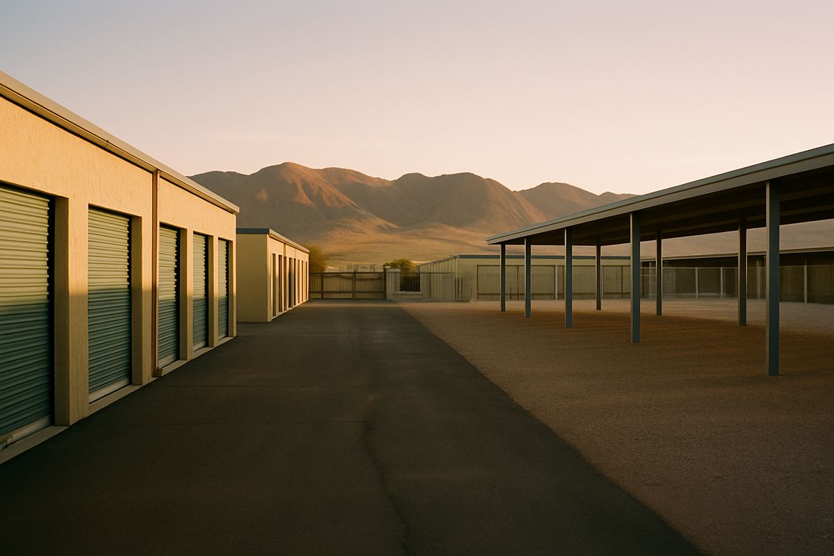 Covered RV storage canopies on a gravel lot in the desert