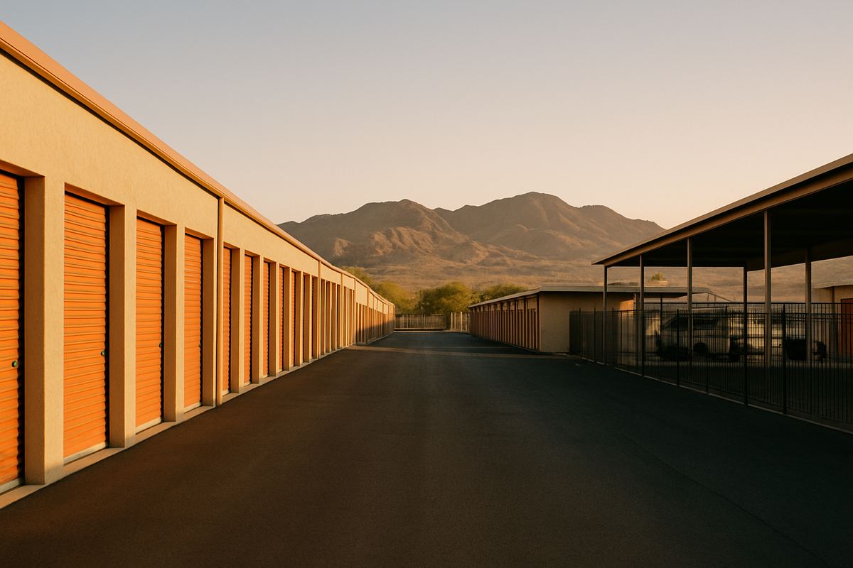 Hileras de puertas enrollables en una instalación de autoalmacenamiento en Nevada con montañas del desierto al fondo