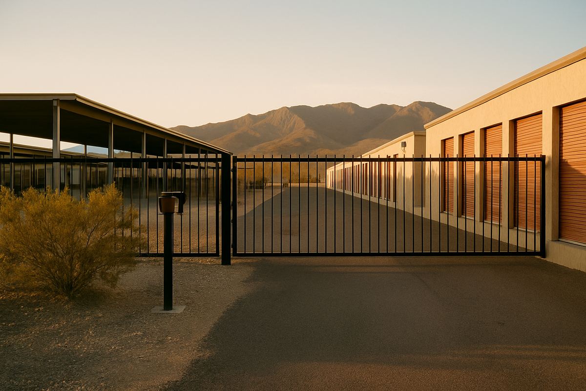 Entrada con portón controlado por teclado a una propiedad de autoalmacenamiento en el desierto