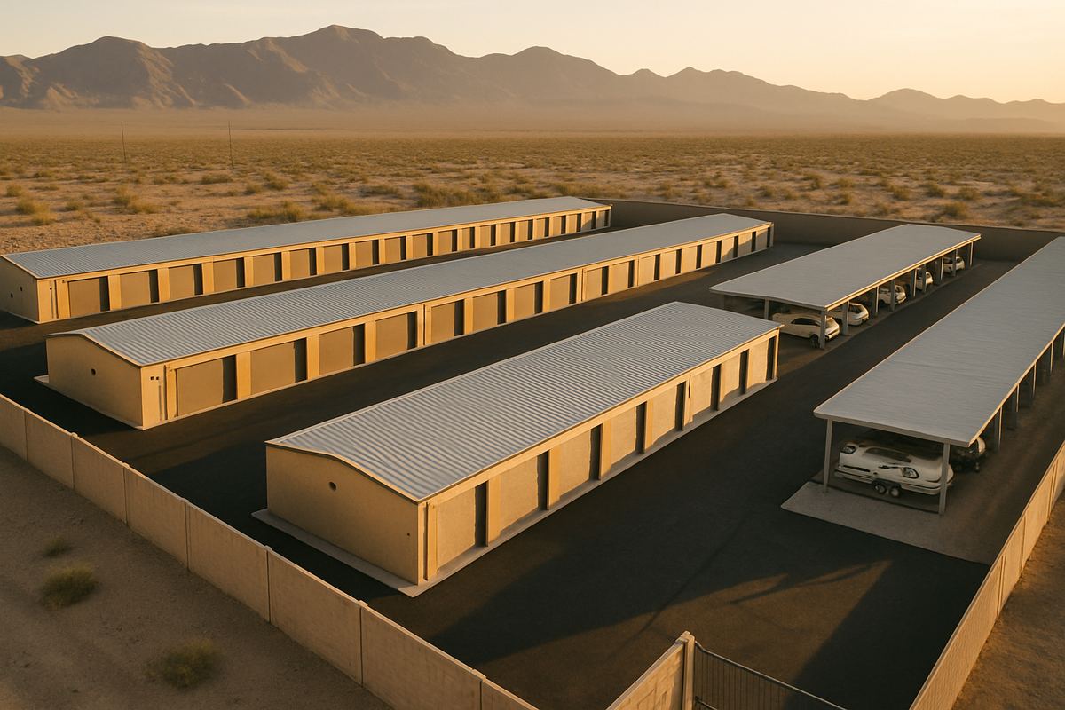 Aerial view of single-story storage buildings and drive aisles in the Nevada desert