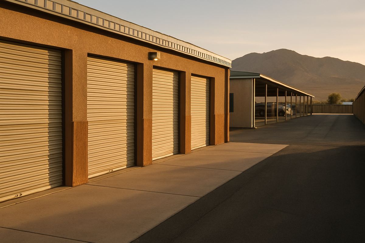 Closed roll-up units along a drive aisle at a desert storage facility at dusk