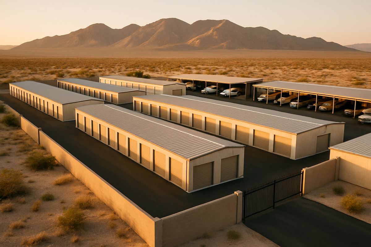 Aerial view of a family-owned storage facility in the Nevada desert