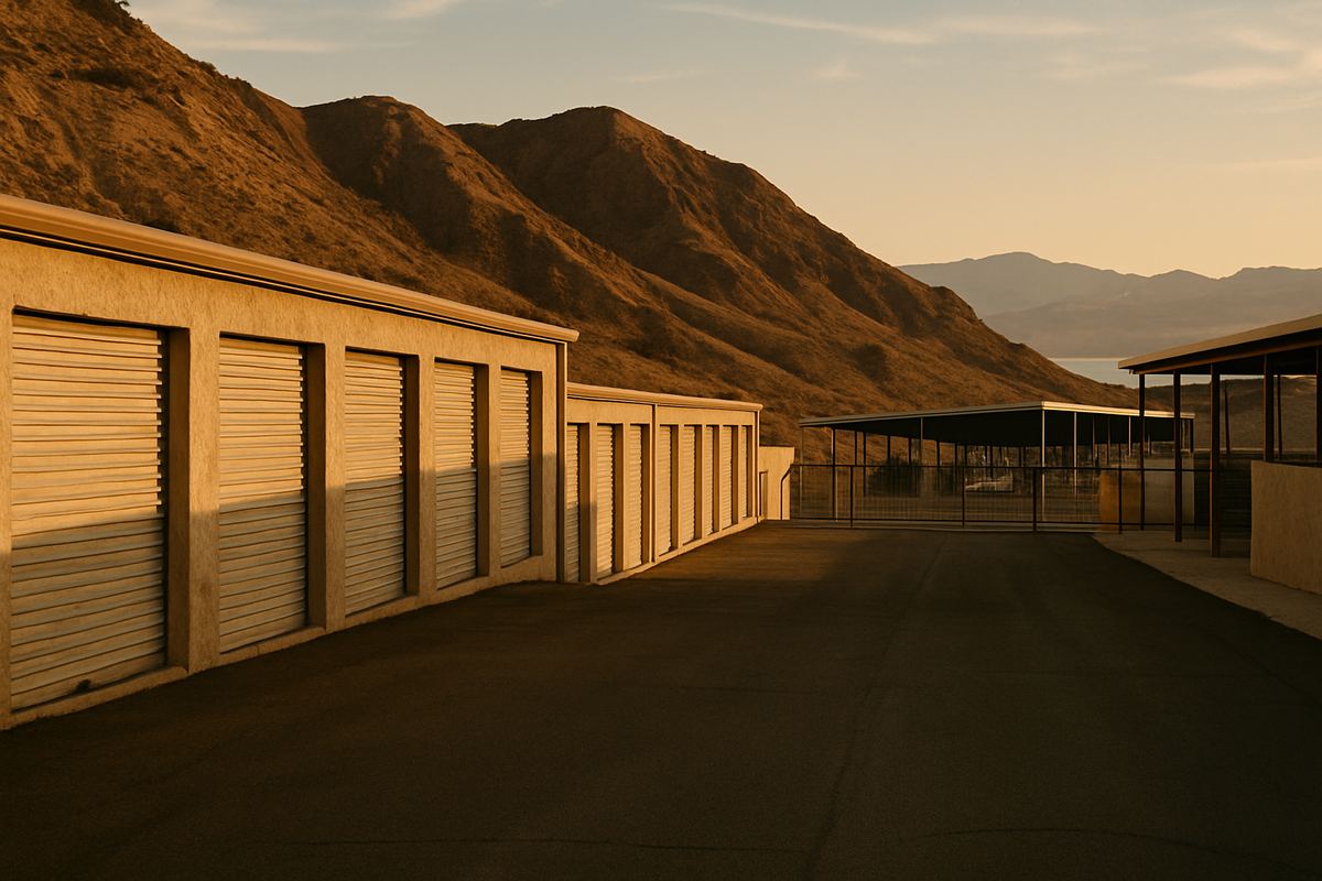 Older storage rows in Boulder City with desert hills and lake behind