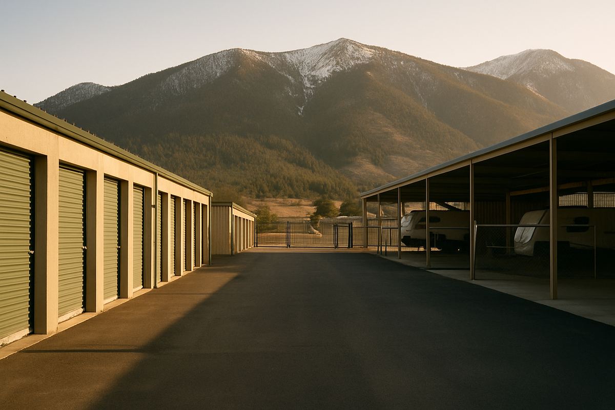 Storage buildings in Carson City with Sierra foothills behind