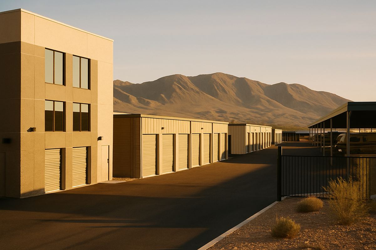 Climate-controlled and drive-up storage buildings in Henderson with mountains behind