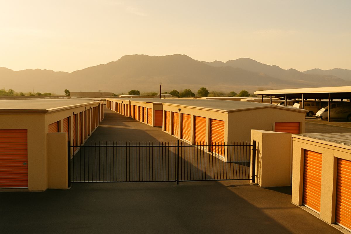 Drive-up storage rows across the Las Vegas valley, mountains rising behind them