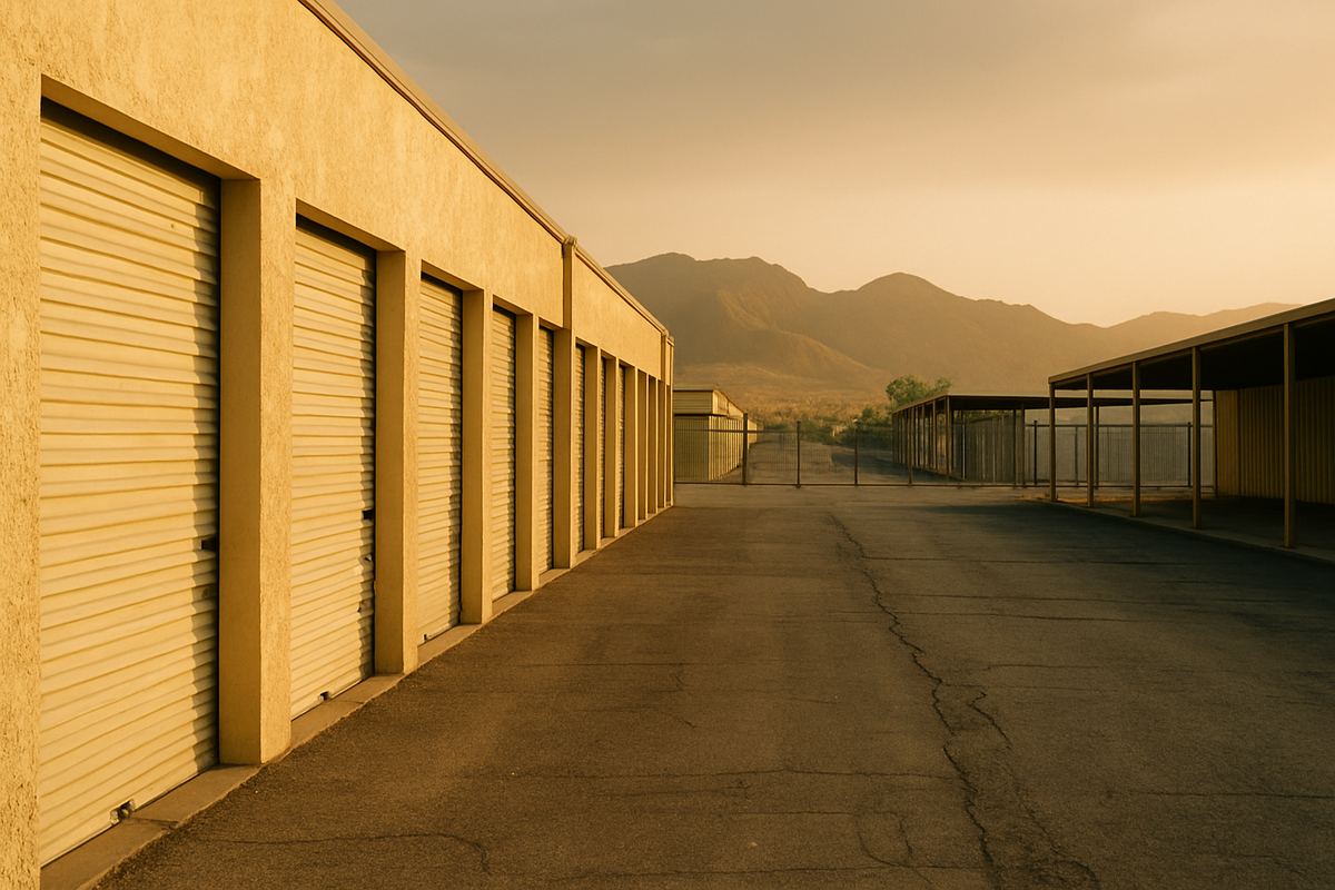 Sun-worn roll-up doors and cracked paving at a Las Vegas storage site