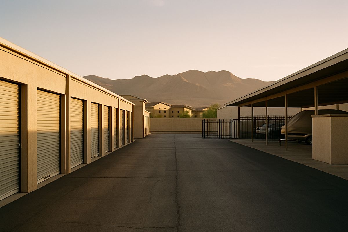 Drive-up storage rows in North Las Vegas with desert mountains beyond