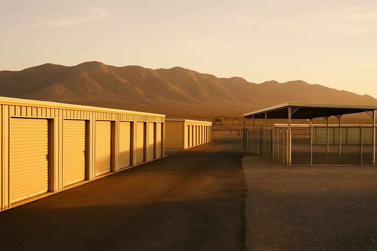 Metal storage buildings on a gravel lot in Pahrump with mountains behind