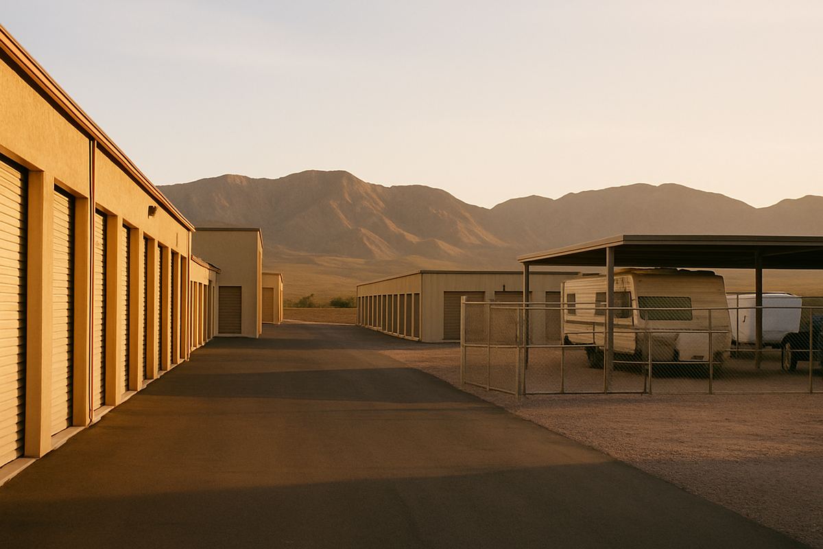 Outdoor RV and trailer storage yard in rural Nye County