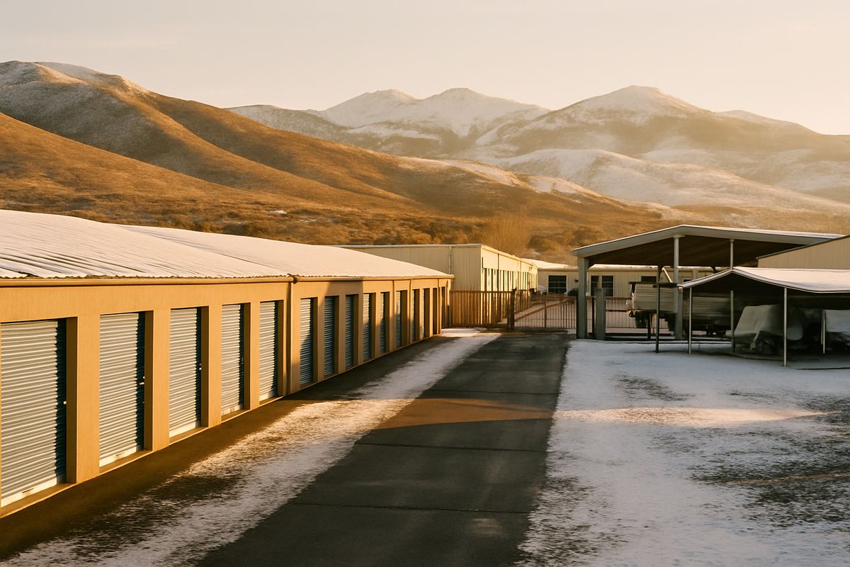 Snow on storage buildings in Sparks with mountains behind