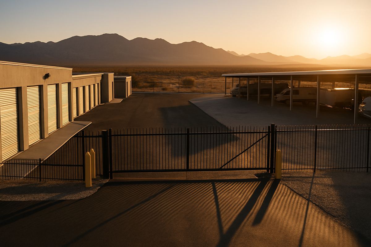 Gated storage facility perimeter at sunrise