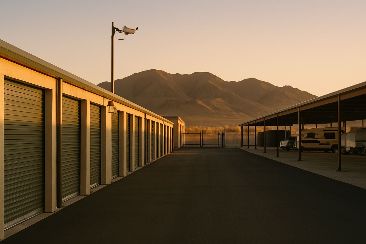 Security camera above storage units at a desert facility at dusk