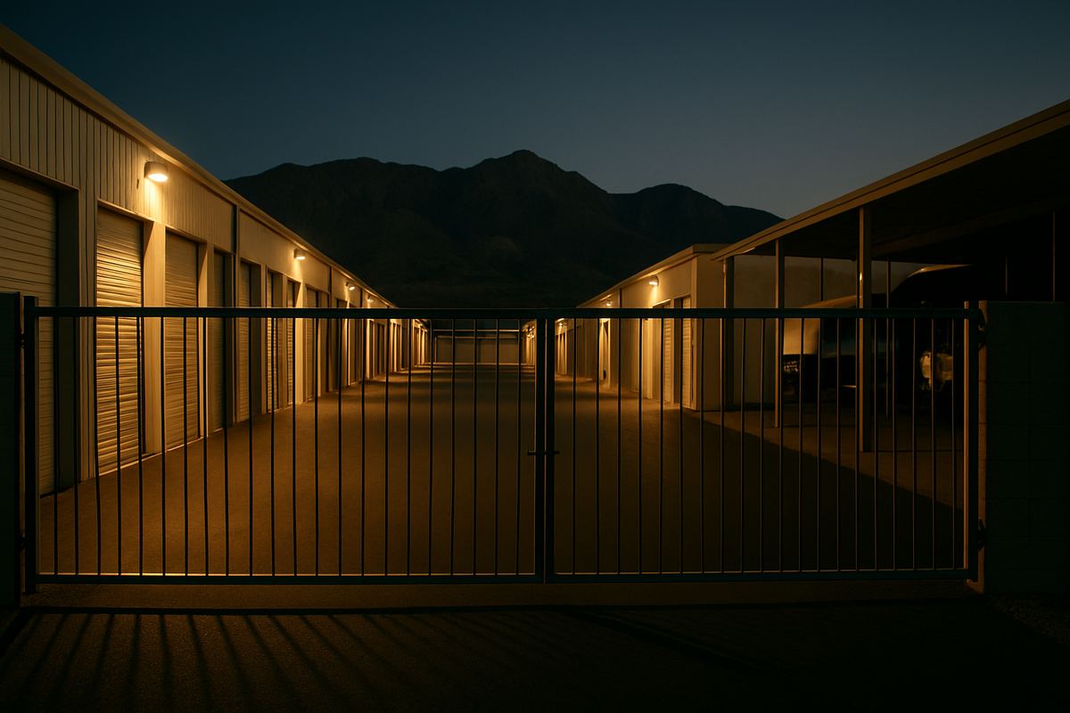 Closed security gate at a storage facility lit at night
