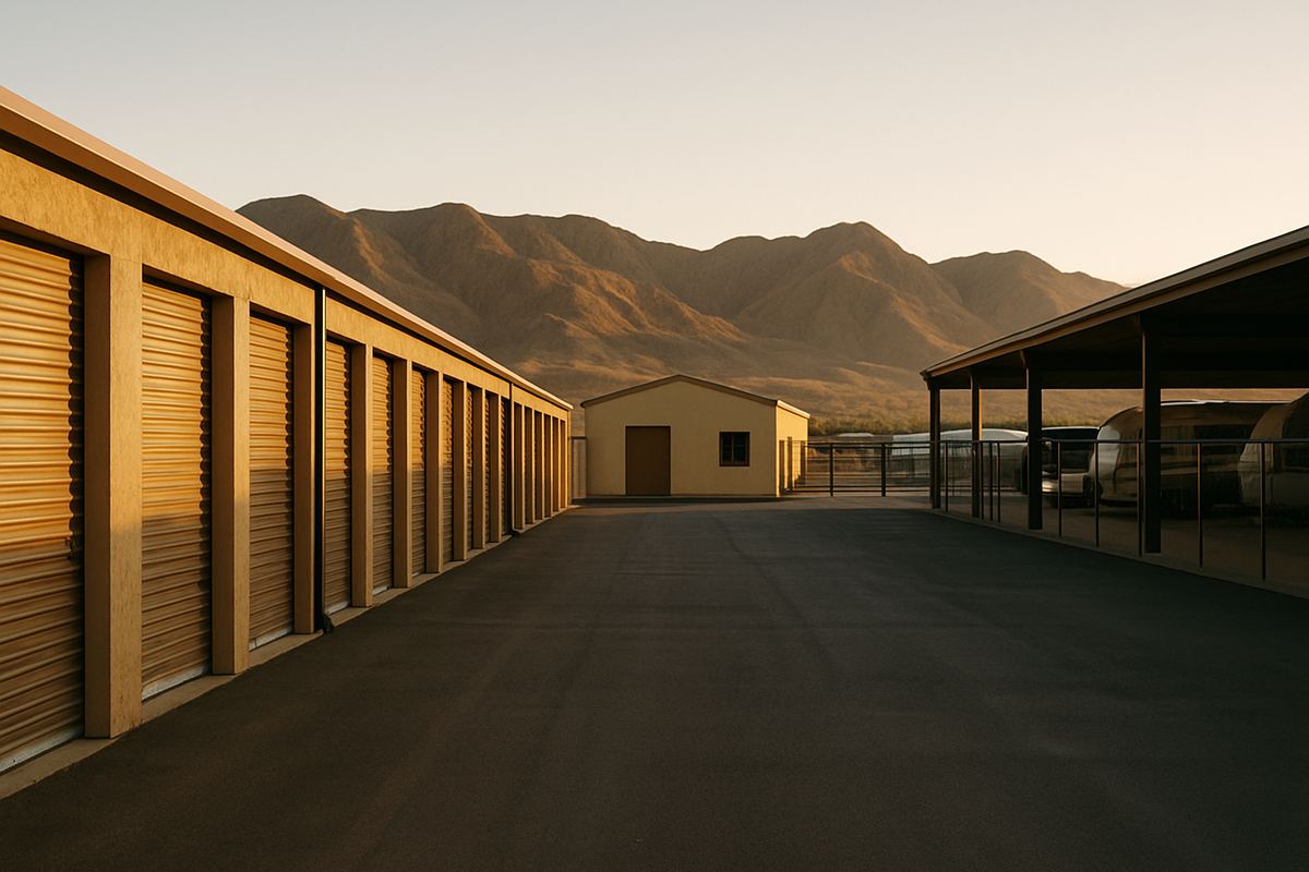 Long row of roll-up storage doors at an older Nevada facility at sunset