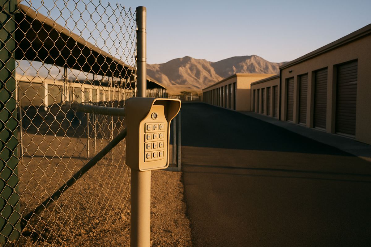 Keypad gate entrance at a small owner-run storage facility