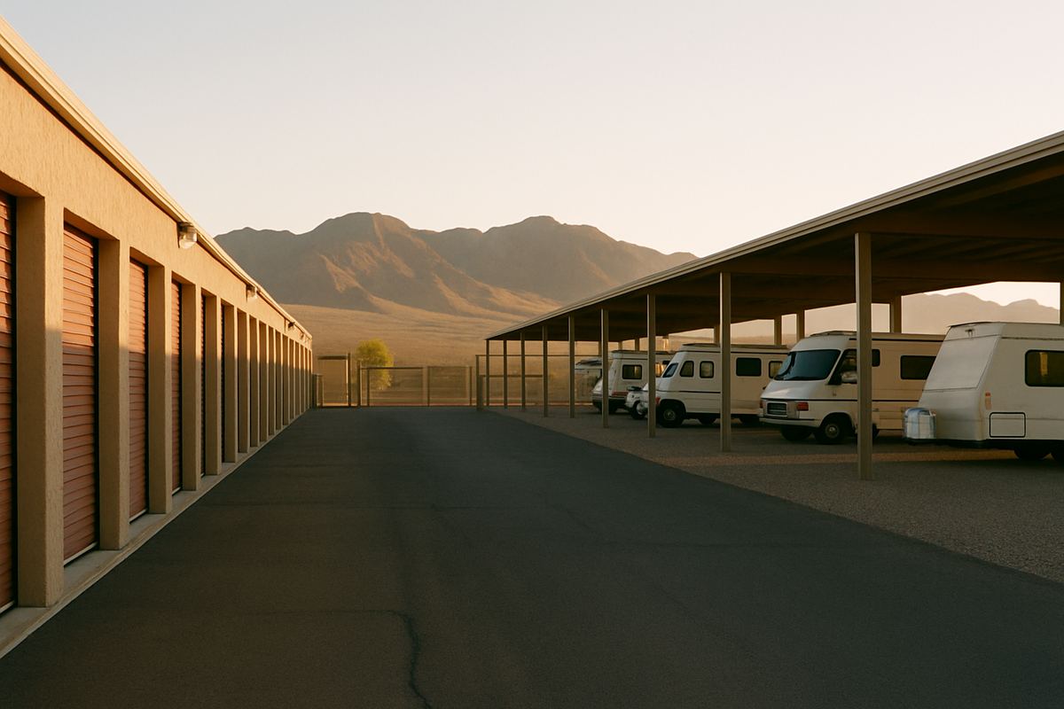 Covered RV storage canopies on a gravel lot in Nevada