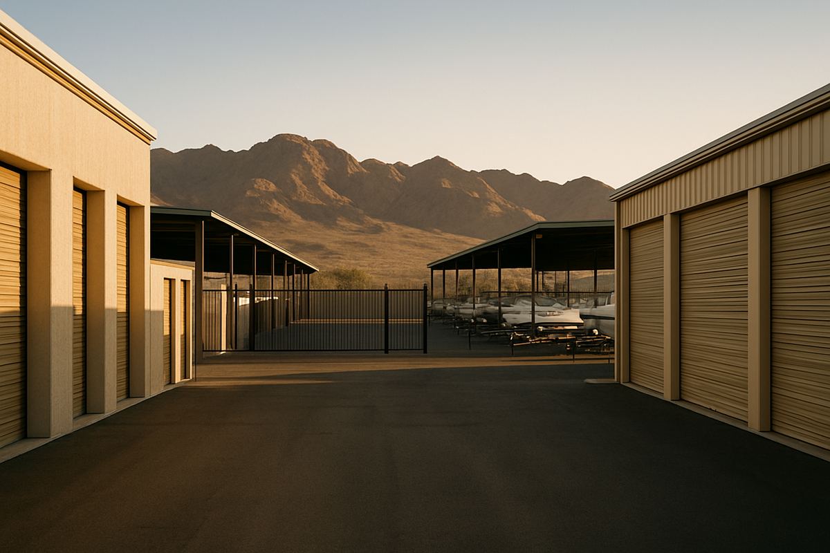 Outdoor boat and trailer storage yard in the Nevada desert