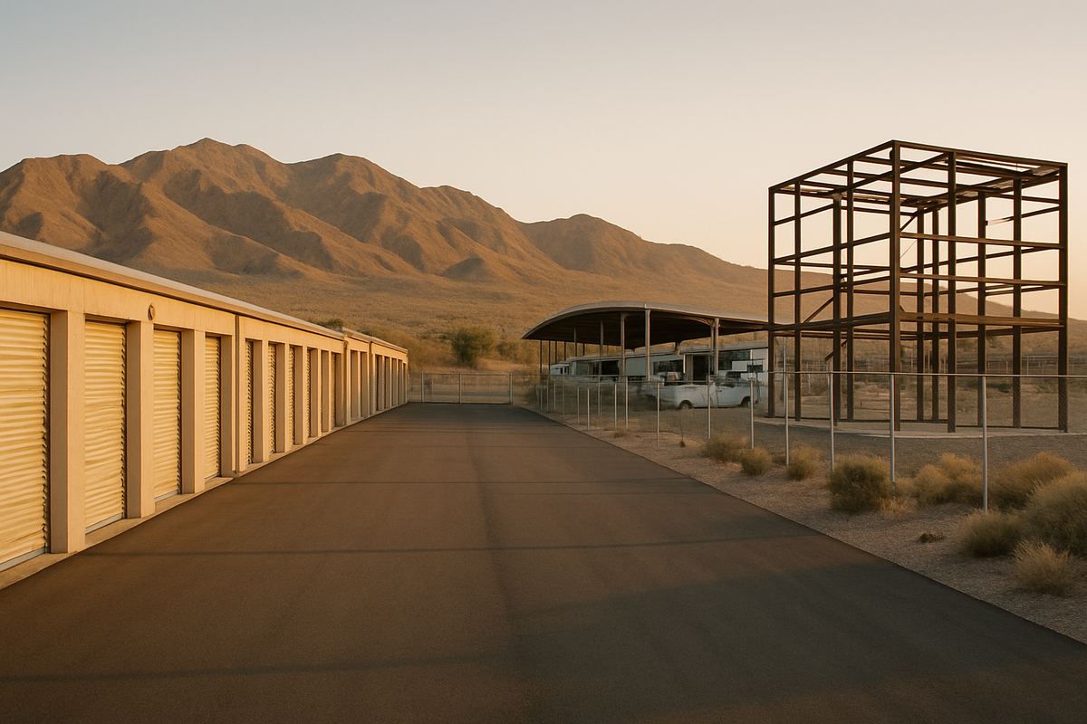 Unfinished storage building frame on a Nevada expansion phase