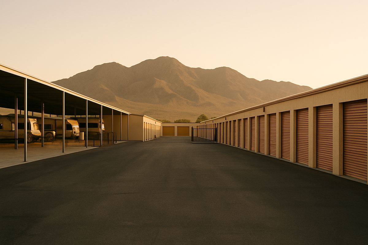 Wide view of a self-storage facility in the Nevada desert