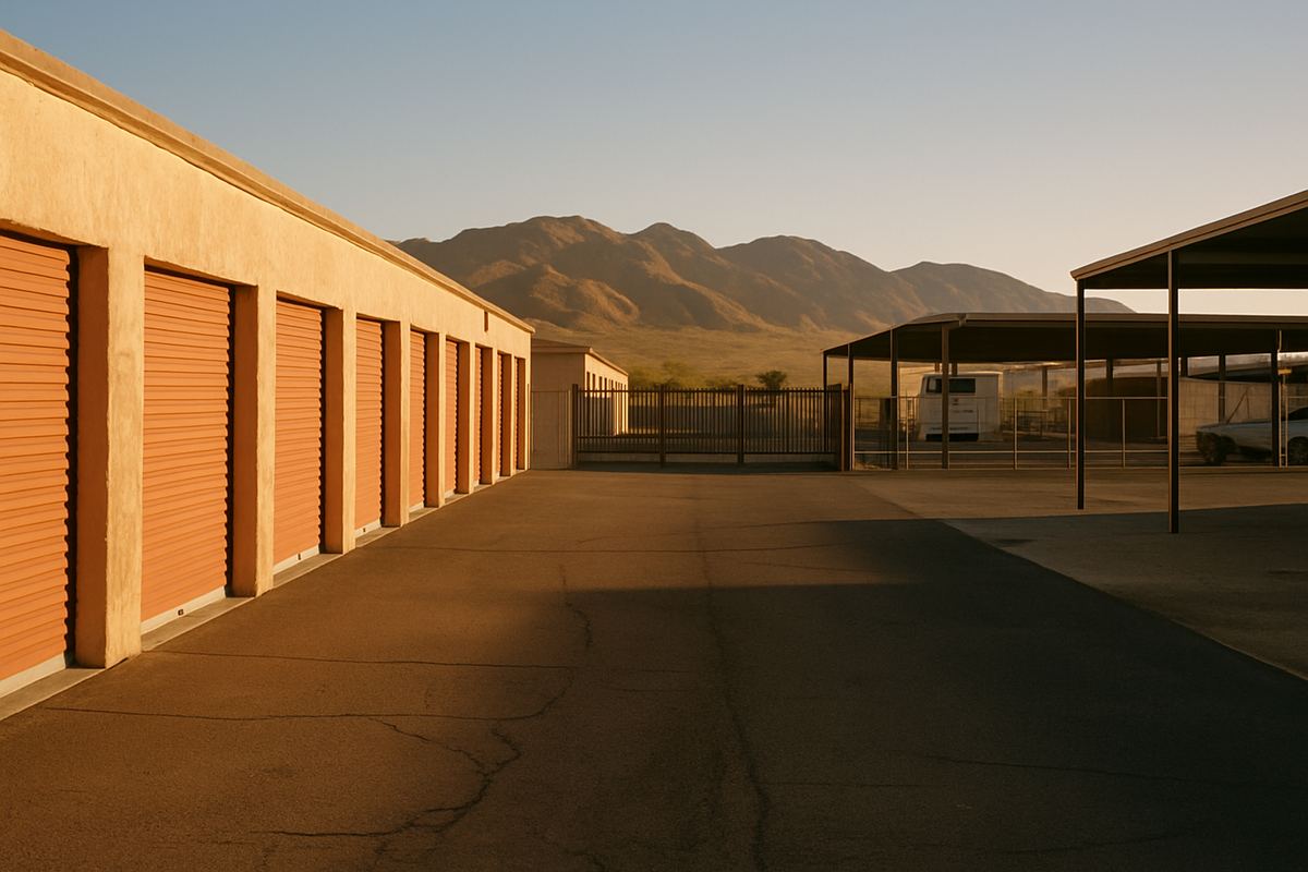 Patched asphalt in front of older storage units with faded doors