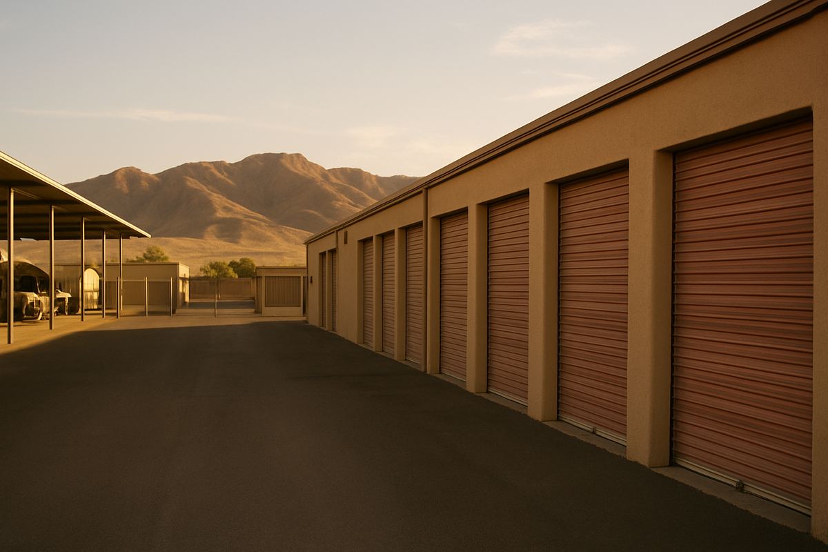 Faded roll-up doors at an underperforming Nevada storage facility