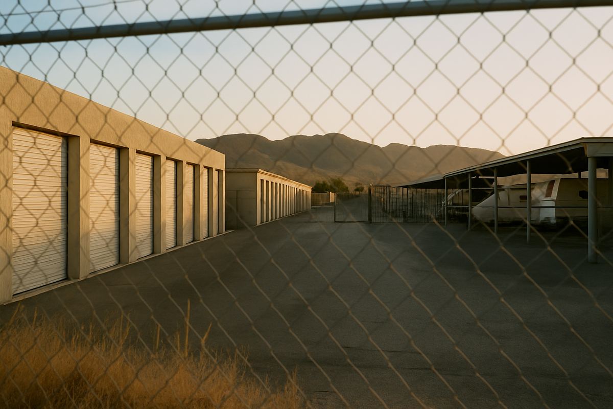 Older drive-up storage facility behind a chain-link fence