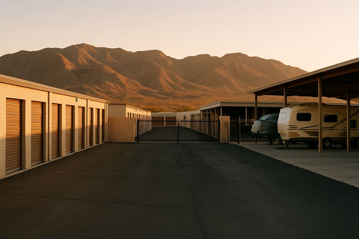 Nevada storage facility with drive-up units and RV canopies at sunset
