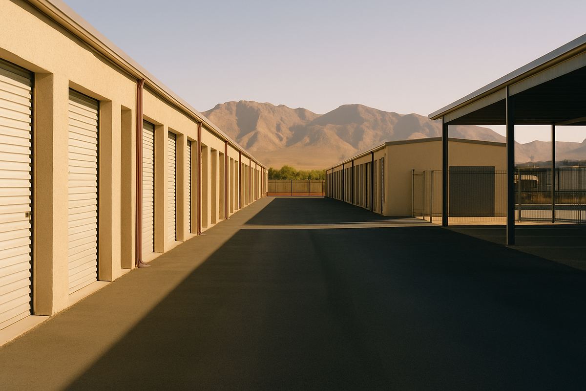 Drive aisle between rows of roll-up storage doors